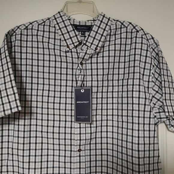 New Architect Black White Checked Short Sleeve Button Down Shirt Men's XL - Picture 2 of 2